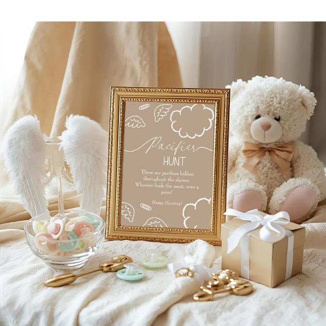 Convite Jogo de caça ao bico de bebê bege celestial (Heavenly baby shower beige Pacifier Hunt game)