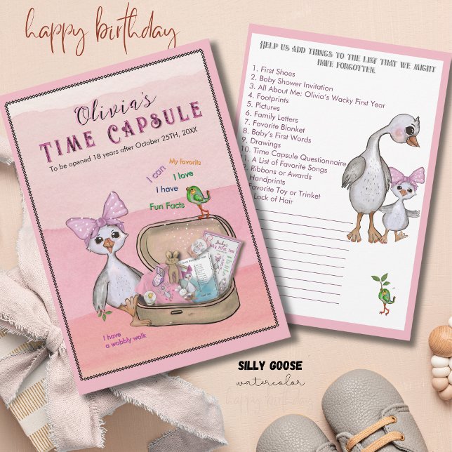 Convite Jogo de Cápsula do Tempo de Aniversário do Ganso B (Silly Goose Pink Bow Birthday Time Capsule Game Invitation)