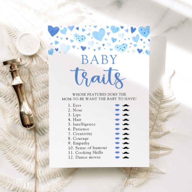 Convite Jogo de Características do Bebê Chuvinha de Coraçã (Watercolor Blue Hearts Valentine Sweetheart Heartbreaker February Boy Baby Traits Baby Shower Game)