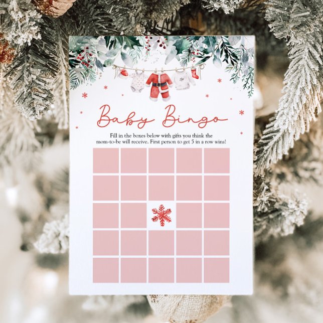 Convite Jogo de Chá de Bebê Bingo Santa Bebê Natal Vermelh (Watercolor Red Christmas Santa Baby Bingo Baby Shower Game)