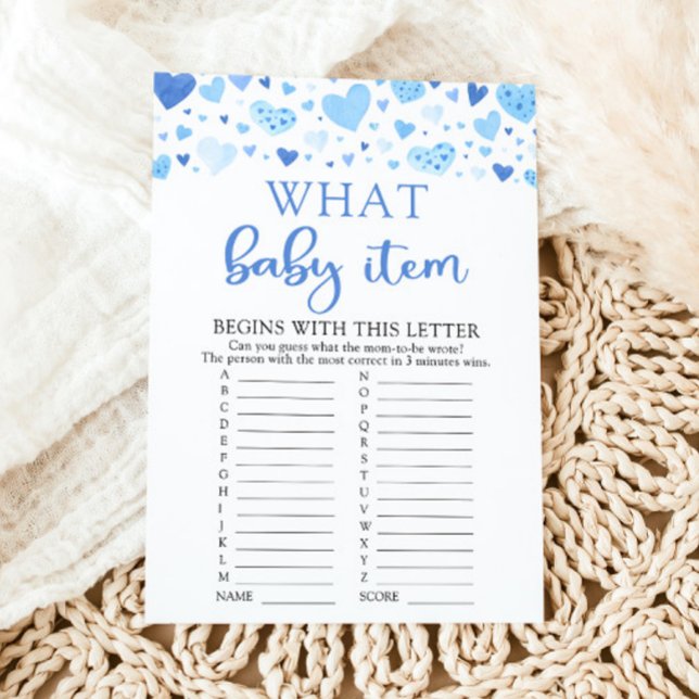 Convite Jogo de Chá de Bebê Blue Valentine Qual Item de Be (Watercolor Cute Blue Hearts Valentine Sweetheart February Boy What Baby Item Baby Baby Shower Game)