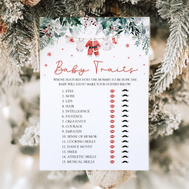 Convite Jogo de Chá de Bebê Características do Bebê Papai  (Watercolor Cute Red Christmas Santa Baby Traits Baby Shower Game)