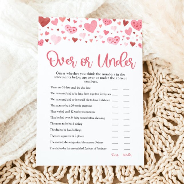 Convite Jogo de Chá de Bebê Corações de São Valentim Acima (Watercolor Cute Pink Red Hearts Valentine A Little Sweetheart Girl Over or Under Baby Shower Game)