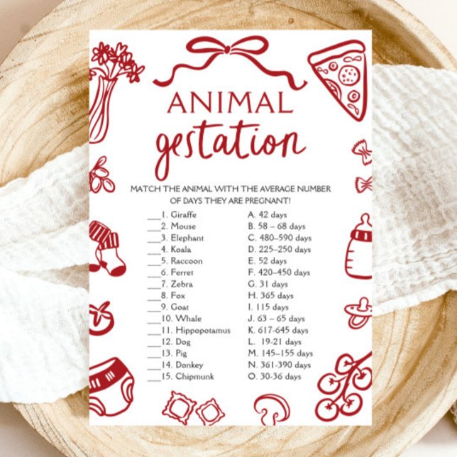 Convite Jogo de Chá de Bebê de Gestação de Animal Desenhad (Red Hand Drawn Animal Gestation Baby Shower Game)