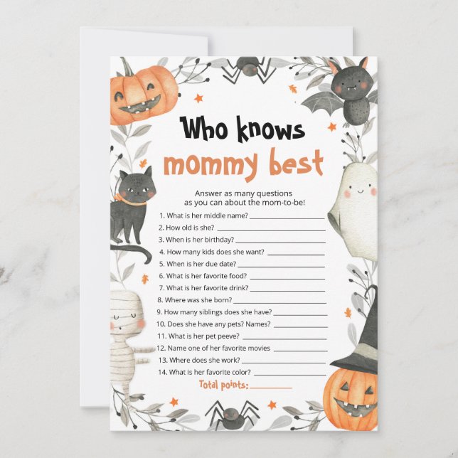 Convite Jogo de Chá de Bebê de Halloween Quem Conhece Melh (Frente)
