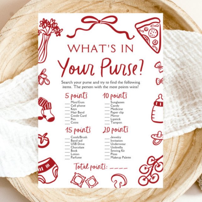 Convite Jogo de Chá de Bebê 'O Que Está na Sua Bolsa' Dese (Hand Drawn What's In Your Purse Baby Shower Game)