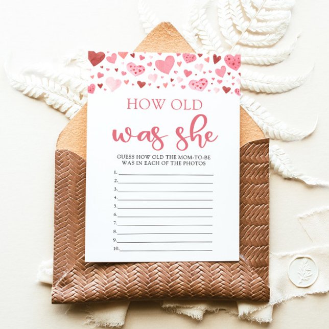 Convite Jogo de Chá de Bebê: Quantos Anos Ela Tinha no Dia (Watercolor Cute Pink Red Hearts Valentine A Little Sweetheart Girl How Old Was She Baby Shower Game)