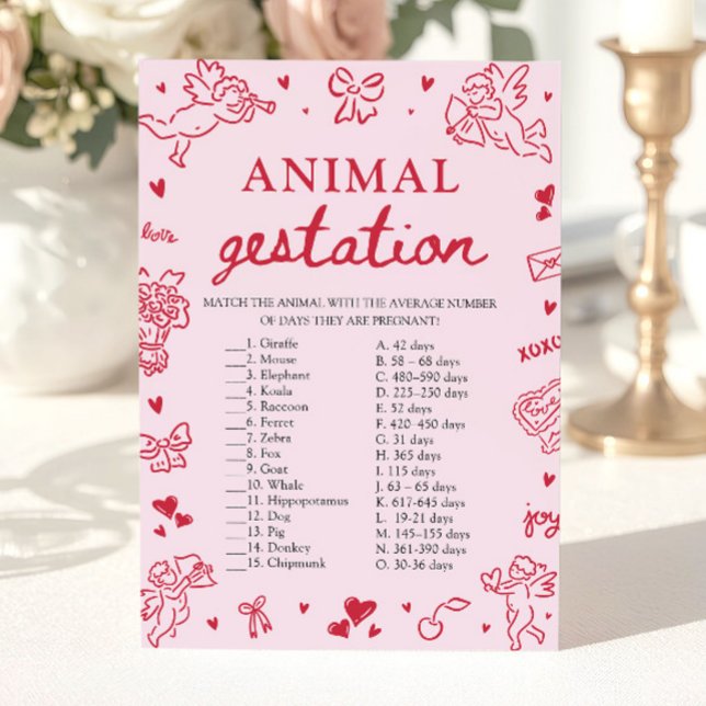 Convite Jogo de Chá de Bebê sobre Gestação de Animais no D (Pink Valentine Animal Gestation Baby Shower Game)