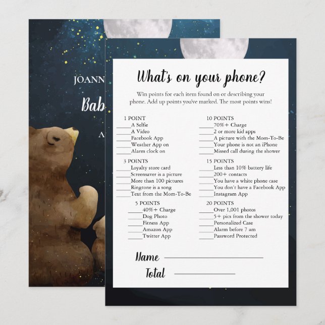 Convite Jogo de Chá de Bebê Urso Qual é o Seu Celular (Frente/Verso)