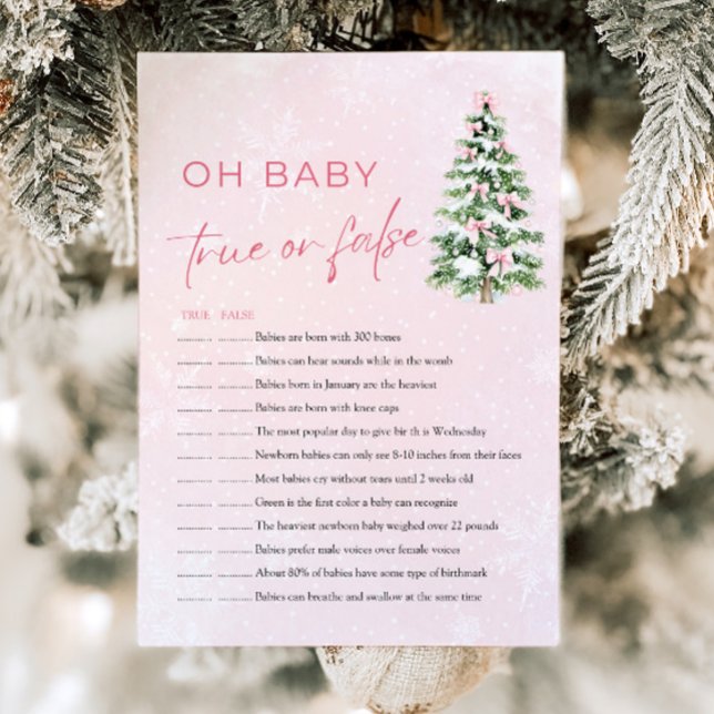 Convite Jogo de Chá de Bebê Verdadeiro ou Falso Christmas  (Pink Bows Christmas Oh Baby True or False Baby Shower Game)