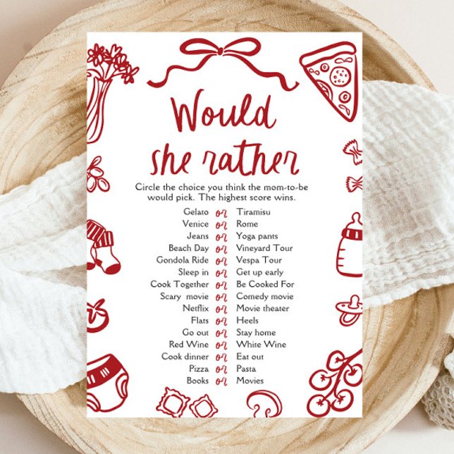 Convite Jogo de Chá de Bebê Vermelho Italiano 'Would She R (Red Italian Would She Rather Baby Shower Game)