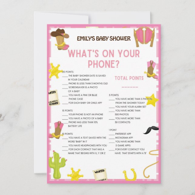 Convite Jogo de Chá de fraldas da Cowgirl - Nome editável, (Frente)