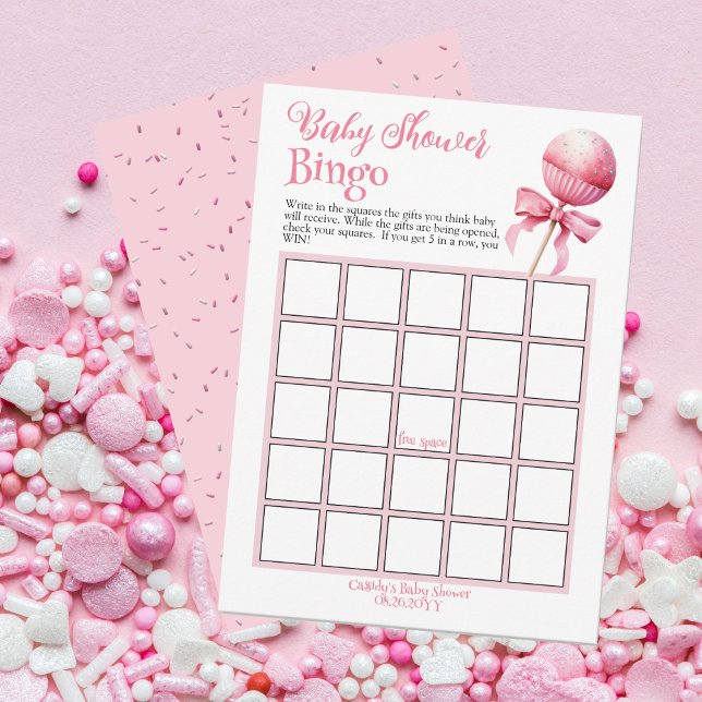 Convite Jogo de Chá de fraldas de Bingo de Bake Rosa (Pink Cake Pop Girl Baby Shower "Bingo" Game Card -- Pink Candy Frame Collection)