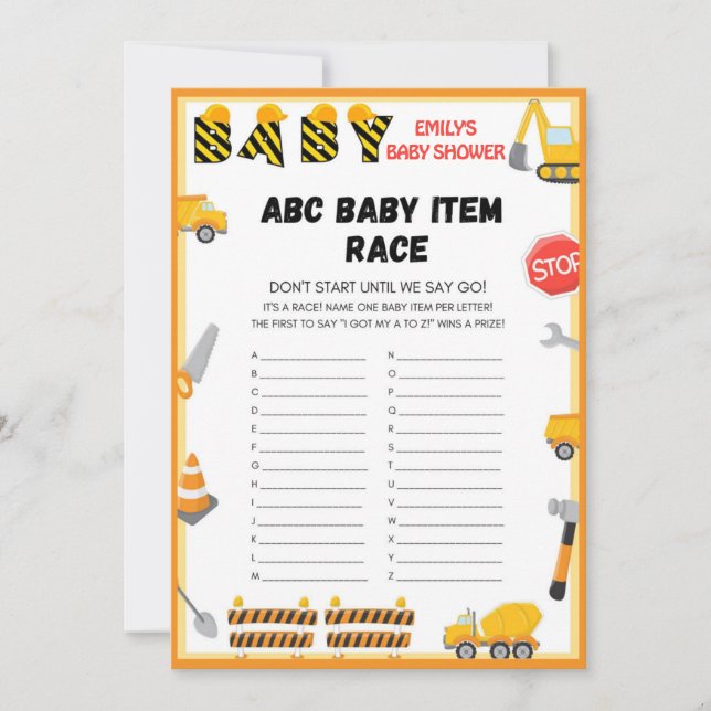 Convite Jogo de Chá de fraldas de Construção - Nome Editáv (Frente)