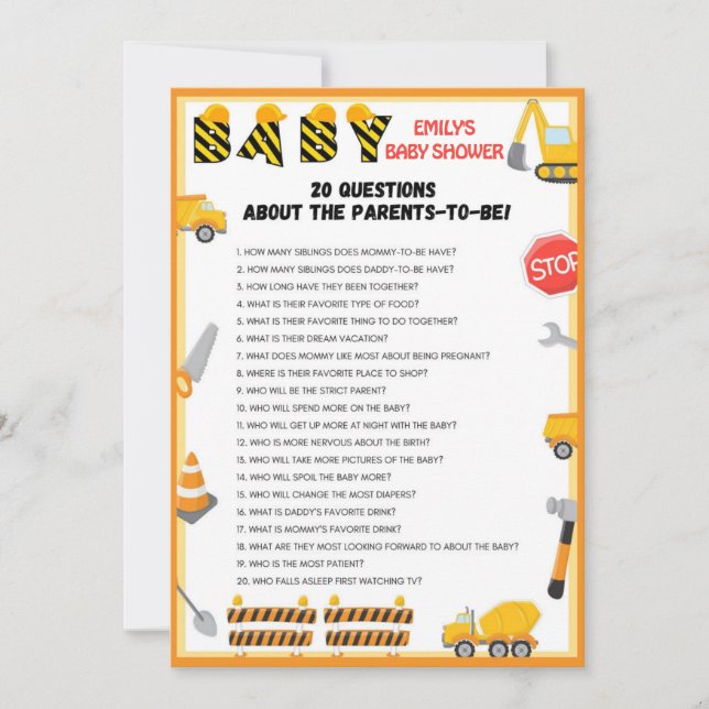 Convite Jogo de Chá de fraldas de Construção - Nome Editáv (Frente)