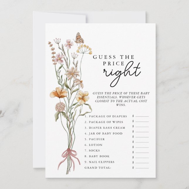 Convite Jogo De Chá de fraldas De Flor Selvagem Adivinha O (Frente)