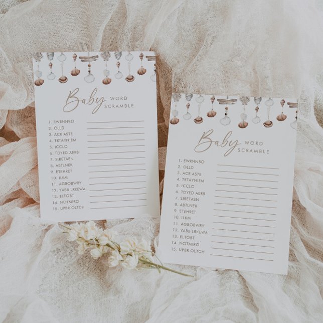 Convite Jogo de Chá de fraldas do Boho Beach Word Scramble (Zazzle Boho Beach Shell Wishes for Baby Card)