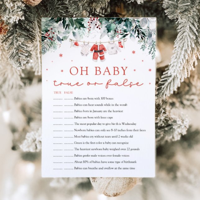 Convite Jogo de Chá de fraldas Falso ou Verdadeiro de Nata (Watercolor Cute Santa Christmas Oh Baby True or False Baby Shower Game )