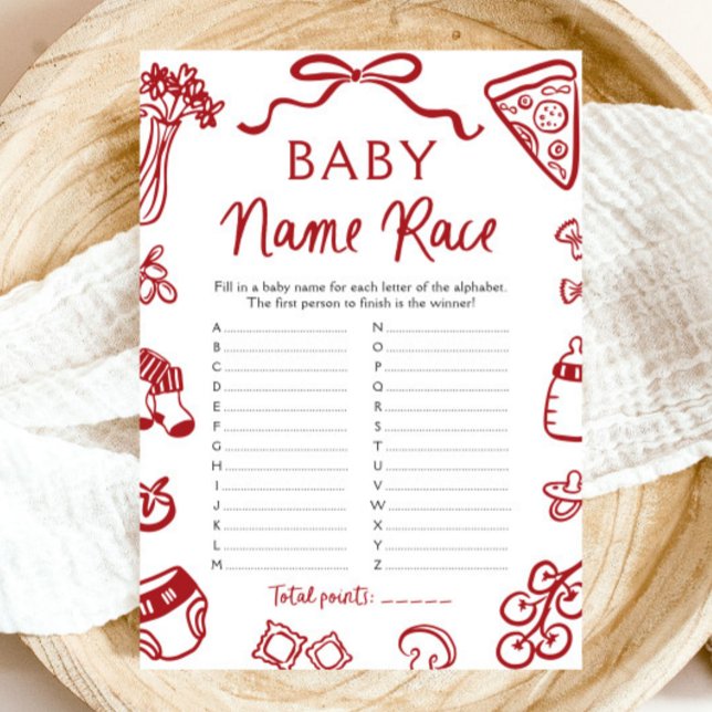 Convite Jogo de Chá de fraldas Race do Nome do Bebê Italia (Hand Drawn Italian Baby Name Race Baby Shower Game)
