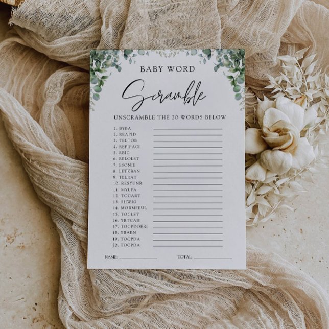 Convite Jogo de Chá de fraldas verde - Rascunho de palavra (Greenery Baby shower game – Word scramble Invitation)