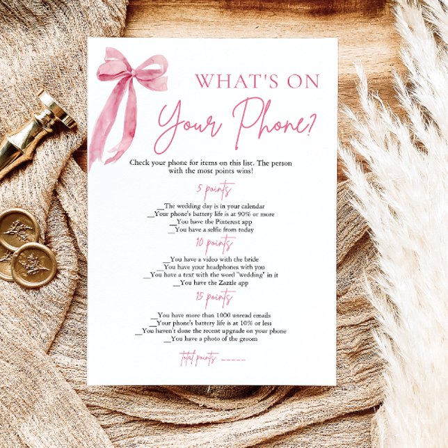 Convite Jogo de Chá de Noiva Arco Rosa Qual é o Seu Celula (Pink Bow What's On Your Phone Bridal Shower Game)