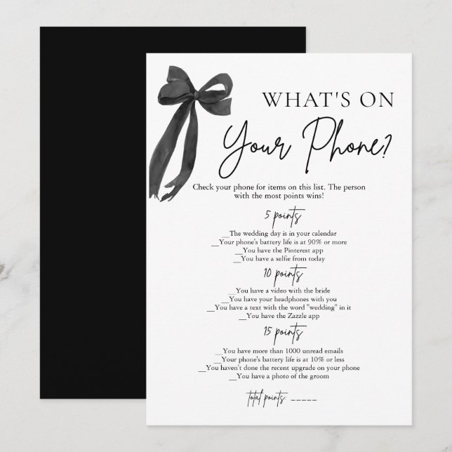Convite Jogo de Chá de Noiva Black Bow What's On Your Phon (Frente/Verso)