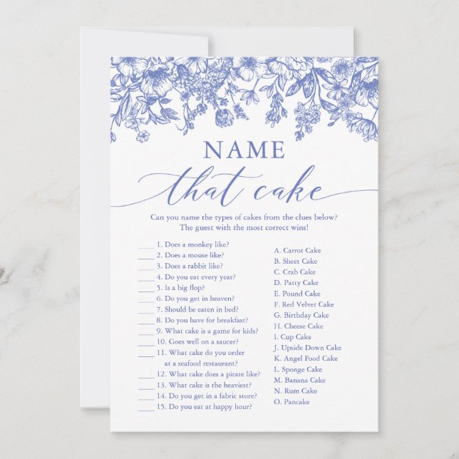Convite Jogo de Chá de Noiva Blue Floral Name That Cake (Frente)