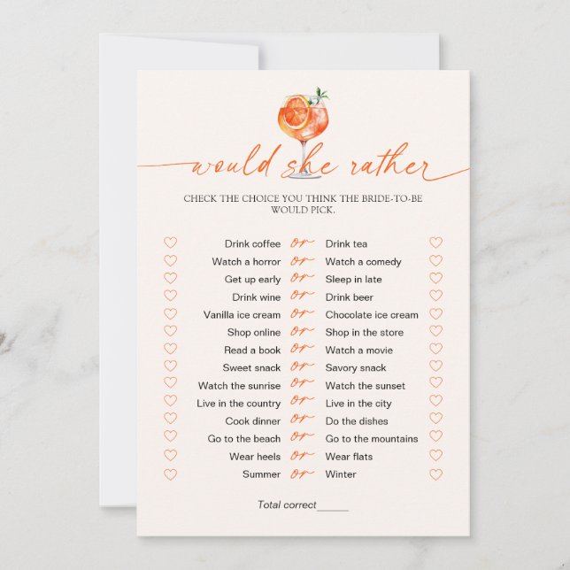 Convite Jogo de Chá de Noiva de Coquetel Would She Rather (Frente)