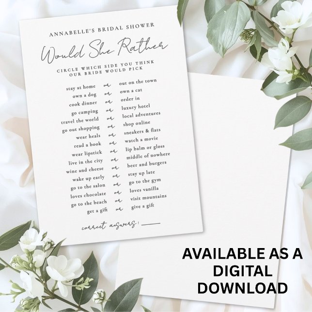 Convite Jogo de Chá de Noiva 'Ela Preferiria' (Would She Rather Bride Bridal Shower Game Invitation)