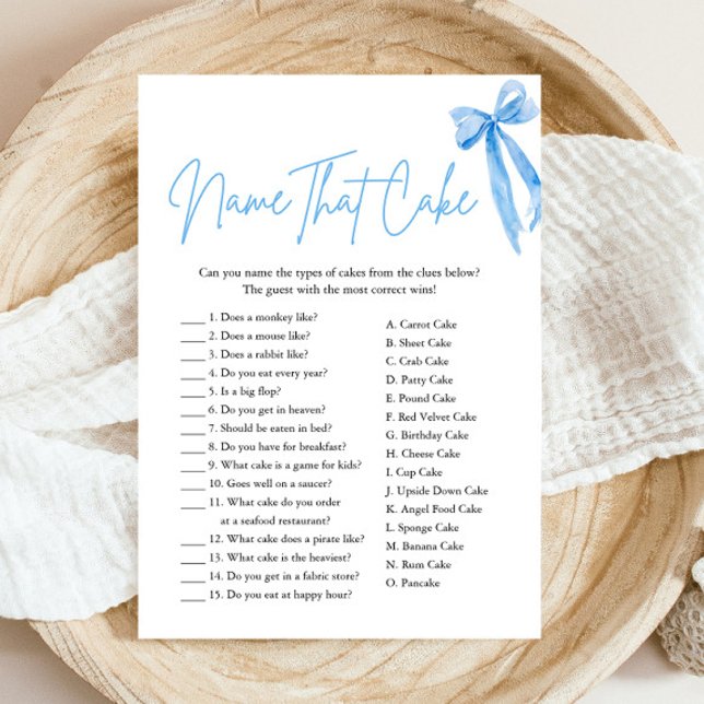 Convite Jogo de Chá de Noiva Elegante Arco Azul Nomeie aqu (Modern Elegant Watercolor Blue Bow Name That Cake Bridal Shower Game)