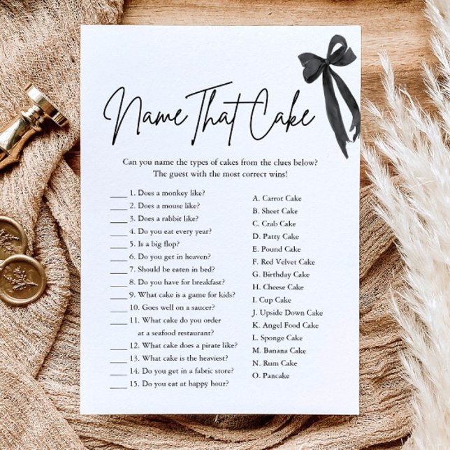 Convite Jogo de Chá de Noiva Nomeie aquele Bolo com Laço P (Black Bow Name That Cake Bridal Shower Game)