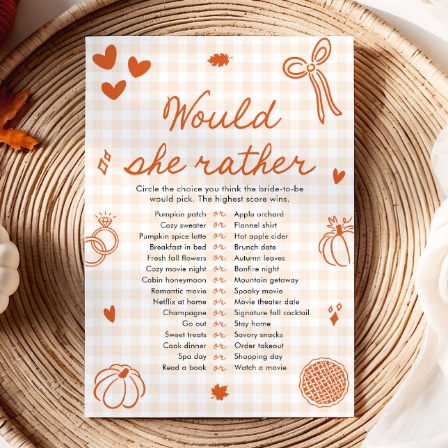 Convite Jogo de Chá de Noiva Orange Fall Would She Rather (Orange Fall Would She Rather Bridal Shower Game)