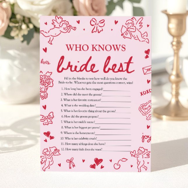 Convite Jogo de Chá de Noiva Quem Conhece Melhor a Noiva R (Pink Who Knows The Bride Best Bridal Shower Game)