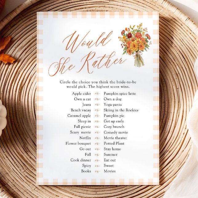 Convite Jogo de Chá de Noiva 'Would She Rather' de Laranja (Fall Orange Would She Rather Bridal Shower Game)