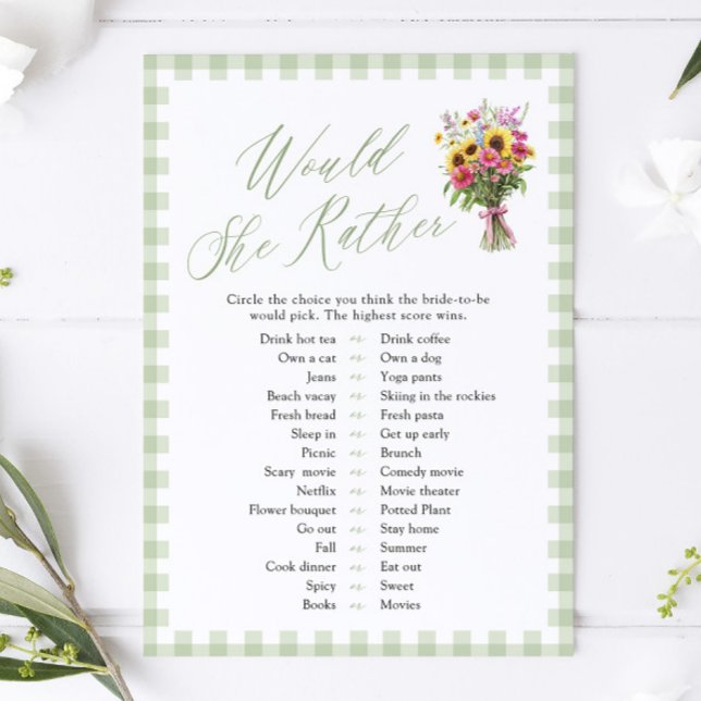 Convite Jogo de Chá de Noiva 'Would She Rather' em Verde S (Sage Green Would She Rather Bridal Shower Game)