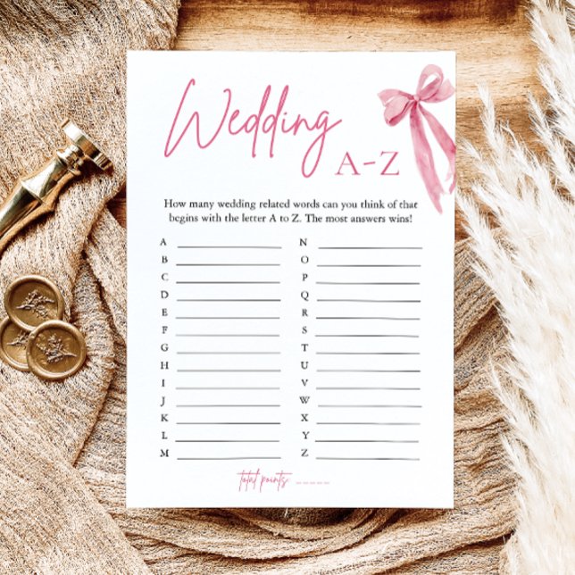 Convite Jogo de Chá de panela A-Z de Casamento de Arco Ros (Elegant Pink Bow Wedding A-Z Bridal Shower Game)