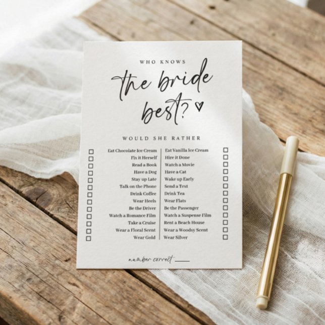 Convite Jogo de Chá de panela Casual Moderno Ela Preferenc (Would she rather bridal shower game - who knows the bride best? Modern casual handwriting script.)