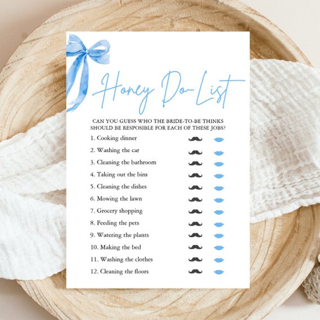 Convite Jogo de Chá de panela com Mel do Arco Azul Dusty (Modern Watercoior Dusty Blue Bow Honey Do List Bridal Shower Game)