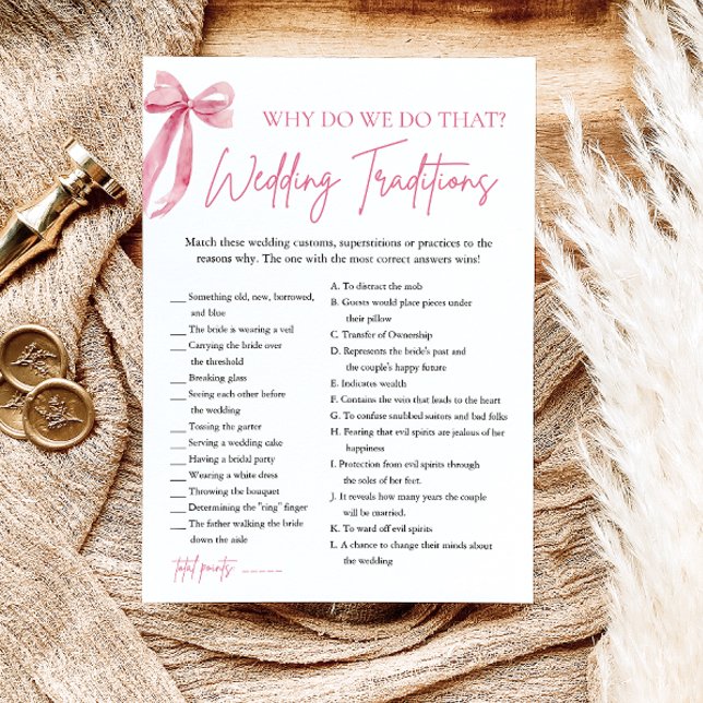 Convite Jogo de Chá de panela de Tradições de Casamento de (Pink Bow Wedding Traditions Bridal Shower Game)