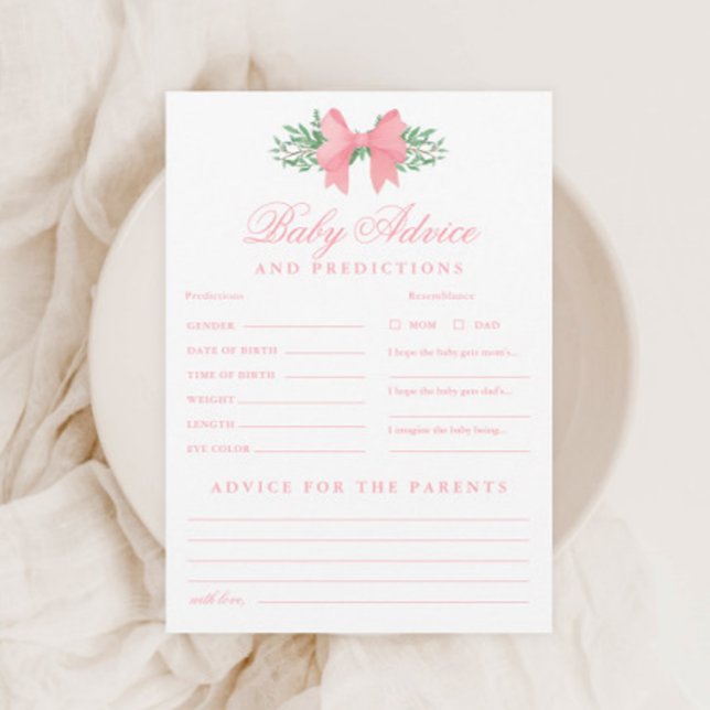 Convite Jogo de Chuva de Bebê com Dicas e Previsões para B (Elegant Pink Bow Baby Advice and Predictions Shower Game.)