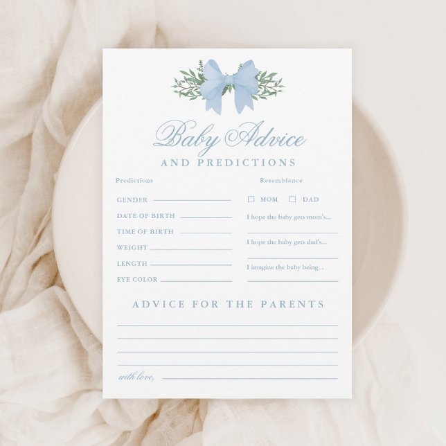 Convite Jogo de Chuva de Conselhos e Previsões para o Bebê (Elegant Blue Bow Baby Advice and Predictions Shower Game.)