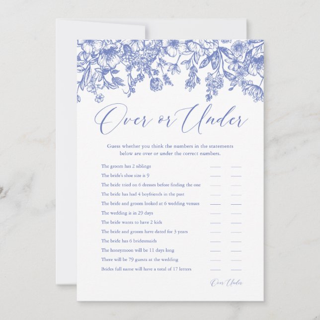 Convite Jogo de Chuveiro de Noiva Floral Azul Acima ou Aba (Frente)