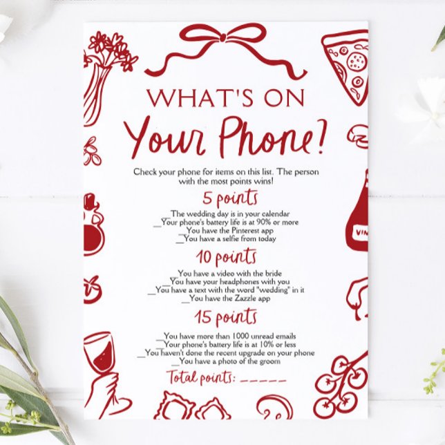 Convite Jogo de Chuveiro de Noiva "O que está no seu telef (Italian What's On Your Phone Bridal Shower Game)