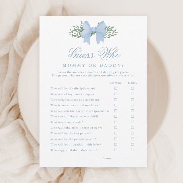 Convite Jogo de Chuvinha de Bebê Quem É Elegante com Laço  (Elegant Blue Bow Guess Who Baby Shower Mommy or Daddy Games.)