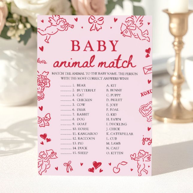 Convite Jogo de Correspondência de Animais Bebês Desenhado (Pink Hand Drawn Baby Animal Match Baby Shower Game)
