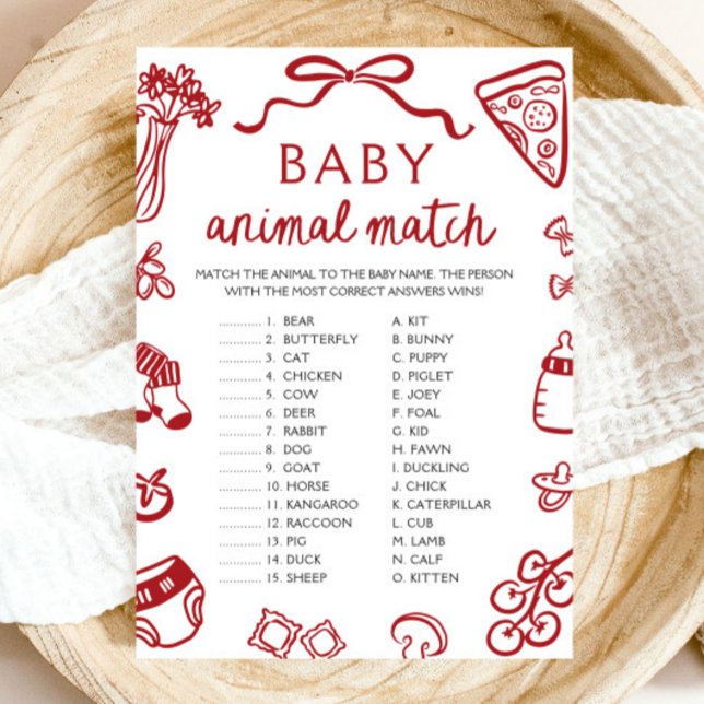 Convite Jogo de Correspondência de Bebês Animais Desenhado (Red Hand Drawn Baby Animal Match Baby Shower Game)