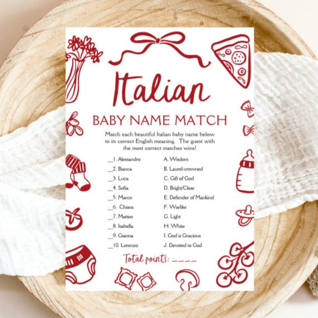 Convite Jogo de Correspondência de Nomes de Bebê Italianos (Red Italian Baby Name Match Baby Shower Game)