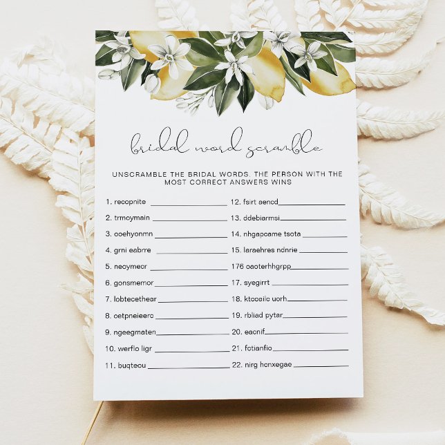 Convite Jogo de Desembaralhar Palavras DAHLIA Chá de Noiva (Botanical Lemon Word Scramble Bridal Shower Game Cards)