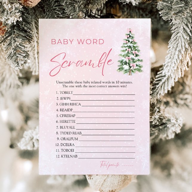 Convite Jogo de Desembaralhar Palavras de Bebê Árvore de N (Pink Bows Christmas Tree Baby Word Scramble Game )