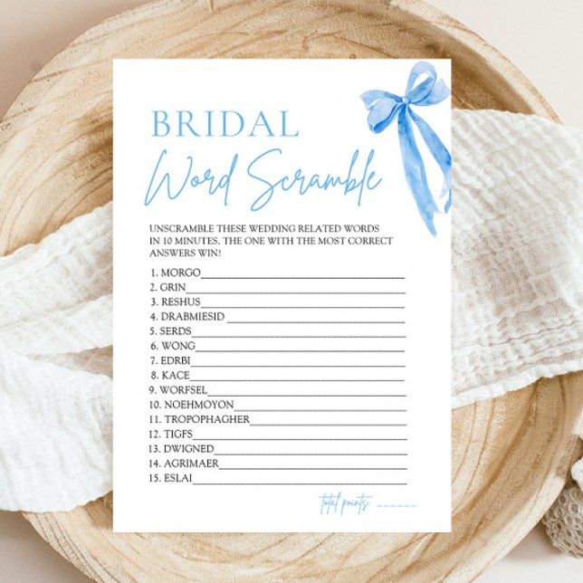 Convite Jogo de Desembaralhar Palavras de Noiva com Laço A (Modern Elegant Watercolor Dusty Blue Bow Bridal Word Scramble Game)